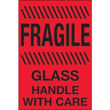 4 x 6" - "Fragile - Glass - Handle With Care" (Fluorescent Red) Labels