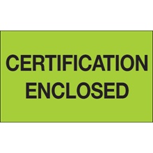 3 x 5" - "Certification Enclosed" (Fluorescent Green) Labels