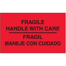 3 x 5" - "Fragil - Maneje Con Cuidado" (Fluorescent Red) Bilingual Labels