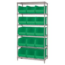 36 x 18 x 74" - 6 Shelf Wire Shelving Unit with (15) Green Bins