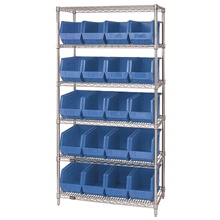36 x 18 x 74" - 6 Shelf Wire Shelving Unit with (20) Blue Bins