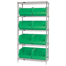 36 x 18 x 74" - 5 Shelf Wire Shelving Unit with (8) Green Bins