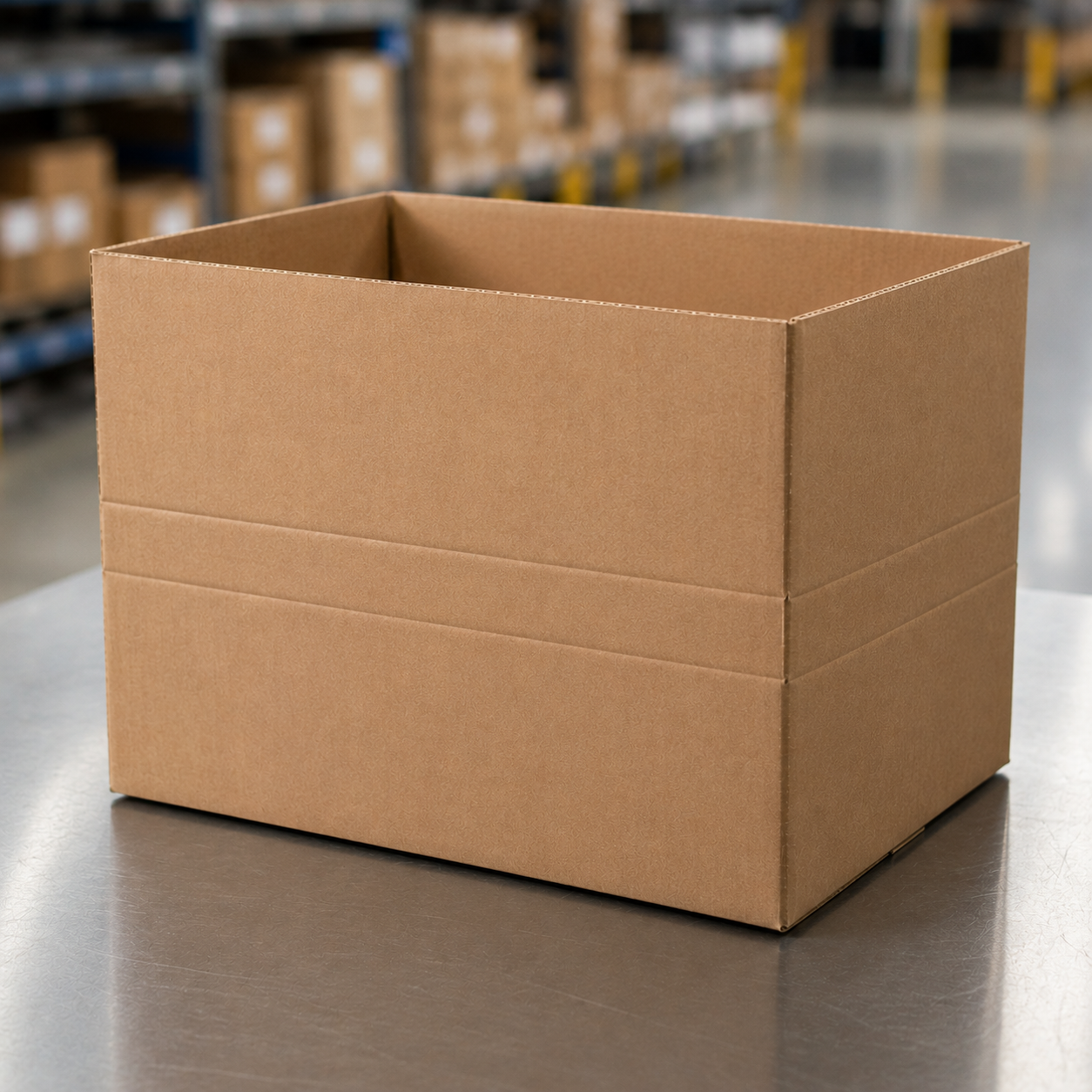 MVP Box adjustable-height corrugated carton showing pre-scored fold lines that let one box SKU replace 6–10 traditional fixed-size boxes for ship-from-store fulfillment.