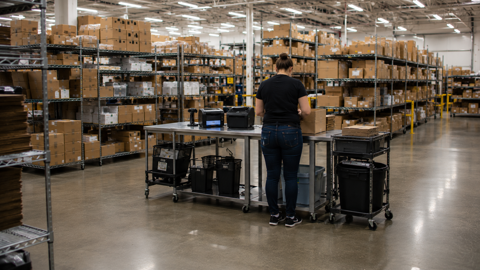 Back-of-house ship-from-store fulfillment station inside a large national retailer, with an associate packing direct-to-consumer orders next to industrial shelving stocked with parcels.