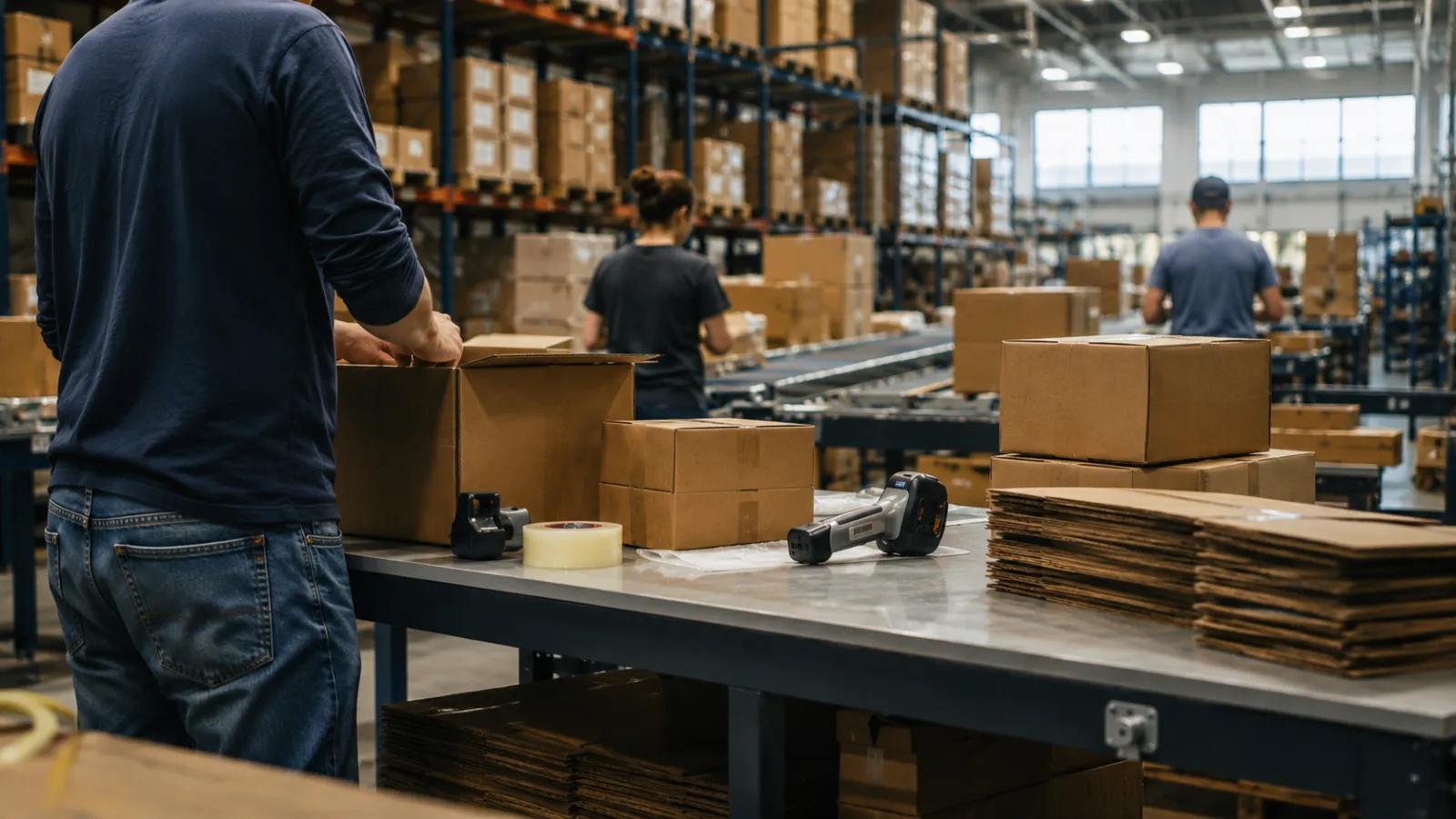 3PL fulfillment center pack station with workers preparing right-sized corrugated shipping cartons and flat box blanks