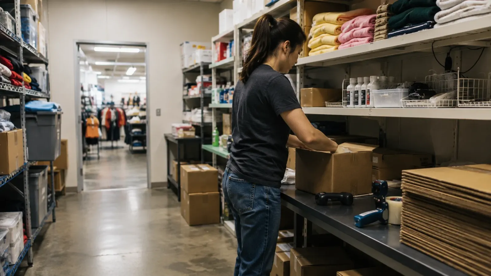 Retail store backroom pack station where an associate packs a ship-from-store order into a right-sized shipping box near flat box blanks