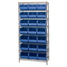 36 x 18 x 74" - 8 Shelf Wire Shelving Unit with (21) Blue Bins