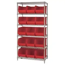 36 x 18 x 74" - 6 Shelf Wire Shelving Unit with (15) Red Bins