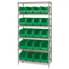 36 x 18 x 74" - 6 Shelf Wire Shelving Unit with (20) Green Bins